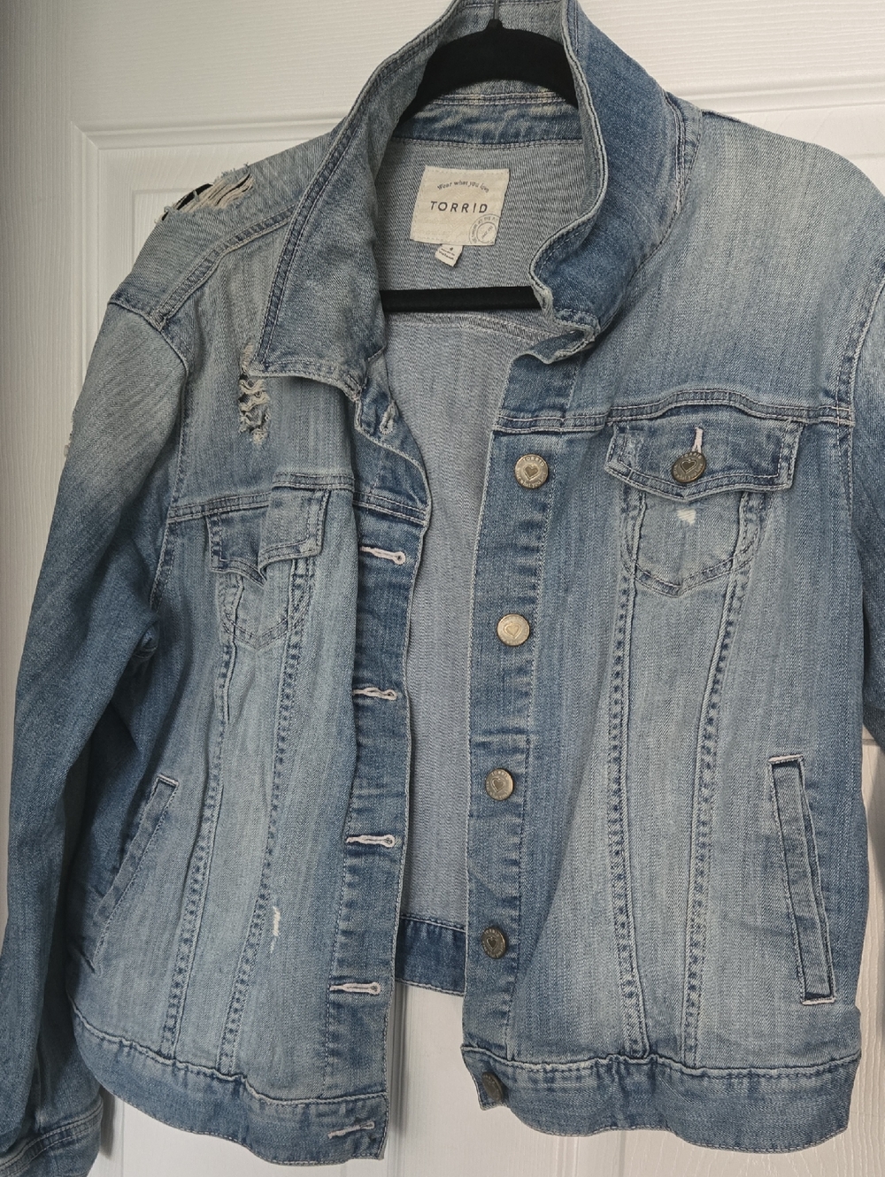 torrid faded light blue distressed denim jacket